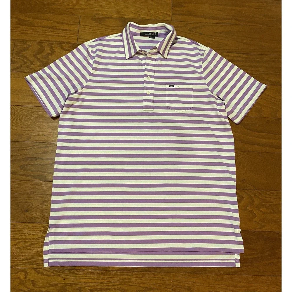RLX Ralph Lauren Polo Shirt‎ Mens Large Purple Striped Golf Performance Stretch